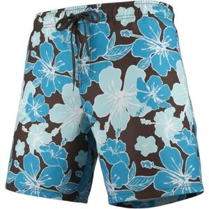 Merona Mens XL Blue Hibiscus Floral Board Shorts Brown Swim Trunks Mesh Lining